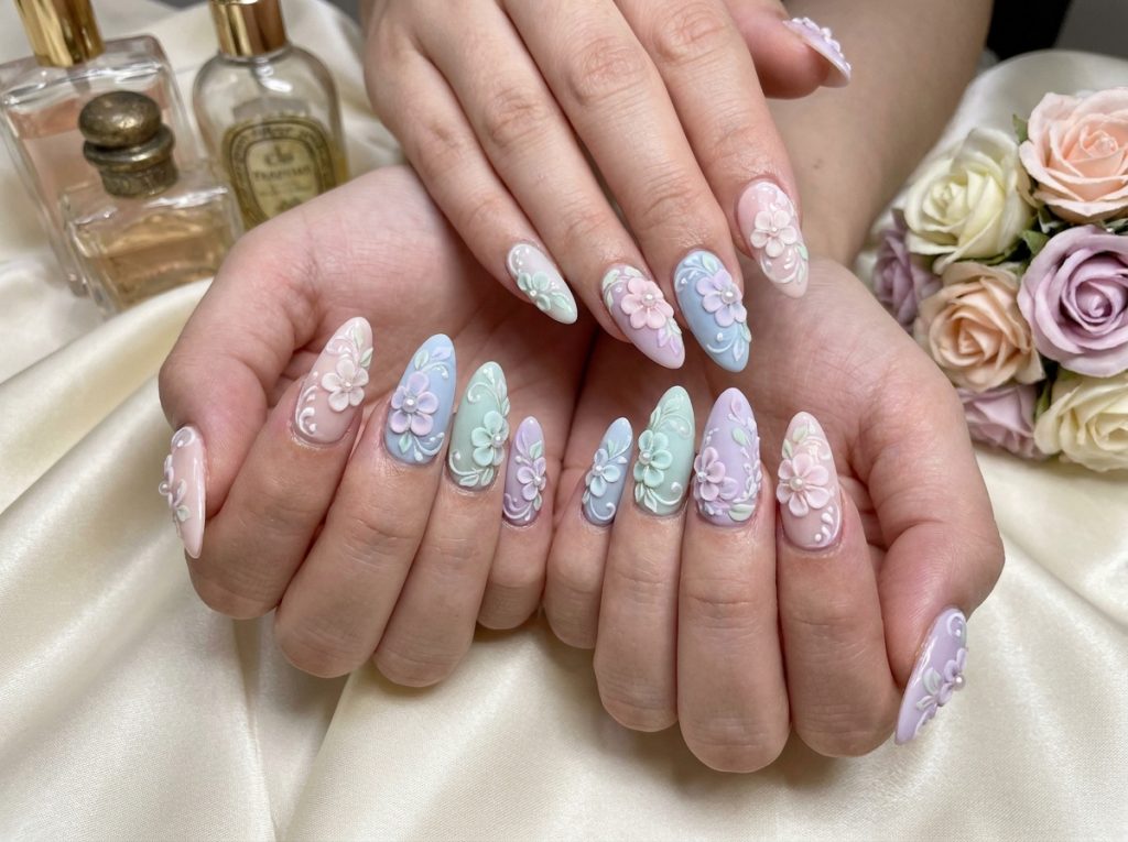 “3D flower nail art, soft pastel colors, feminine elegant nails”