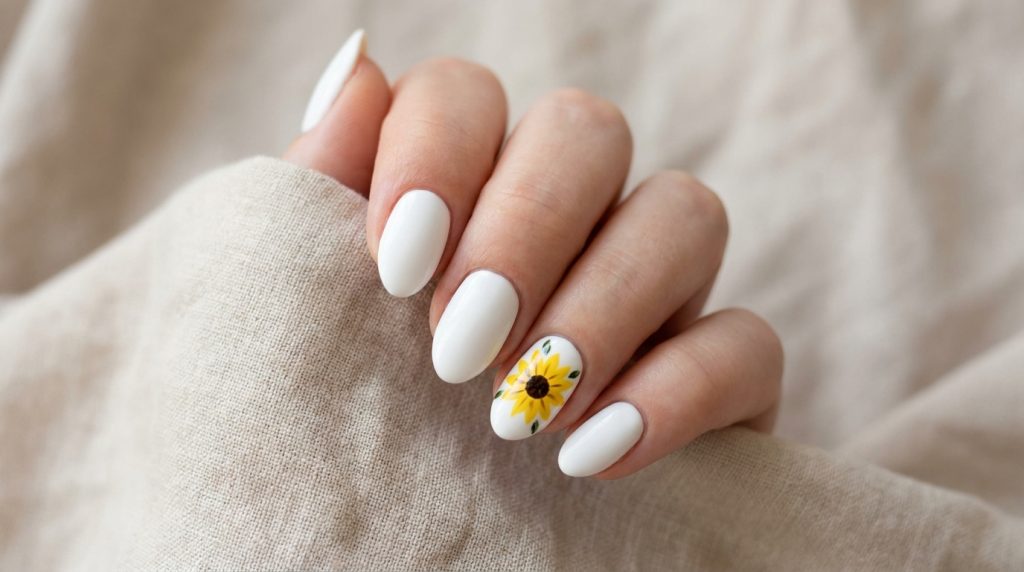 "Close-up of short almond nails with a simple sunflower accent on the ring finger — white base on all nails, single hand-painted yellow sunflower with dark brown center on ring finger, beginner-friendly clean look, neutral background, soft natural light, macro beauty photography"