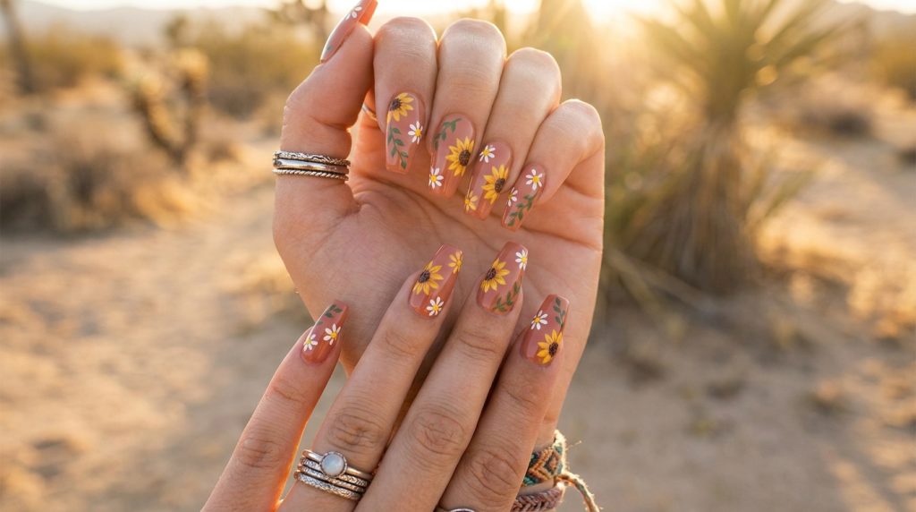 "Boho aesthetic sunflower nail art on coffin-shaped nails — hand-painted sunflowers with tiny daisy mix on a warm terracotta base, green leaf vine accents, sun-drenched desert aesthetic, warm golden hour lighting, editorial macro photography"
