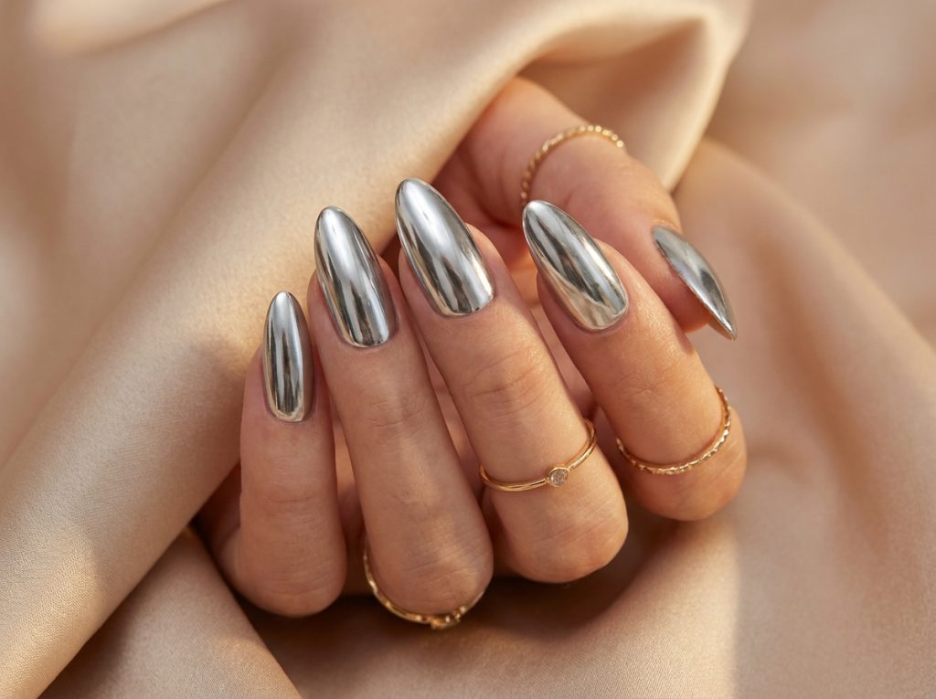 “trendy chrome nails mirror effect, shiny metallic nails, luxury aesthetic, close-up hand shot”