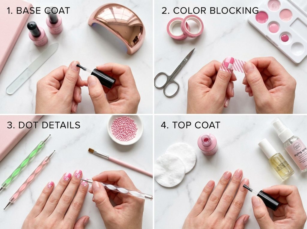 "Step-by-step tutorial flat lay: four panels showing the stages of DIY nail art at home β base coat application, color blocking with tape, adding dot details, and applying top coat β styled with soft pink props on a white marble surface"