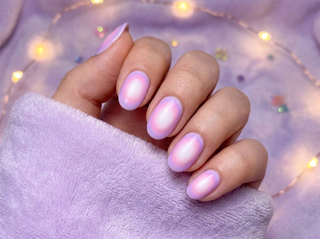 "Dreamy aura nail art on short oval nails β lavender and soft pink halo effect emanating from a white center on each nail, ethereal and glowing aesthetic, shot on a pastel purple background with fairy lights bokeh"