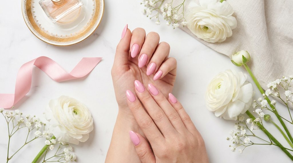 "Elegant solid pastel pink nails, almond shape, glossy finish, soft studio lighting, aesthetic Pinterest flat lay with white flowers and pink ribbon"