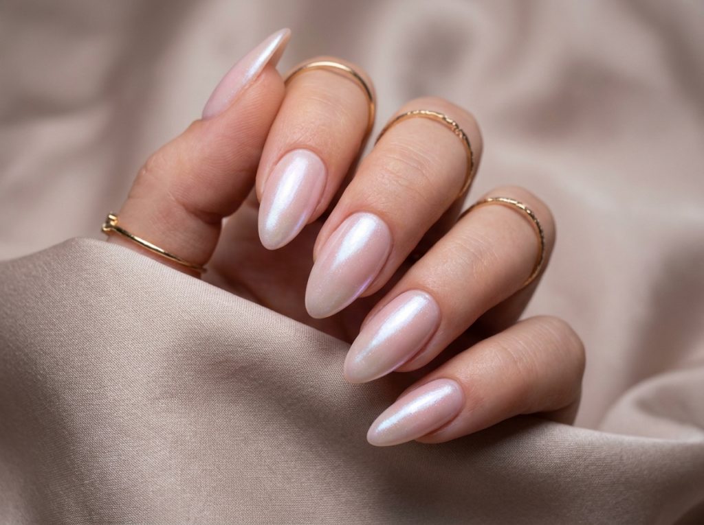 "Elegant close-up of glazed donut nails β opalescent pearl shimmer on almond nails with a milky pink base, chrome powder finish, soft diffused studio lighting, ultra high resolution beauty photography"