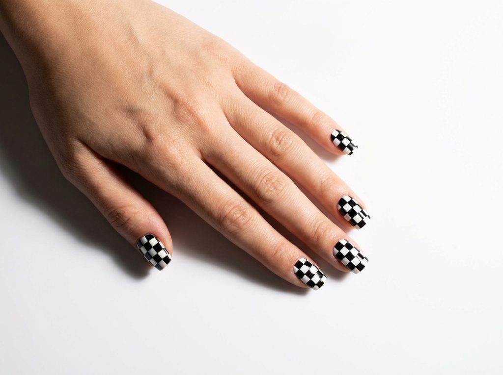 "Top-down view of a hand with checkerboard nail art in black and white, square-shaped nails, clean geometric precision, studio white background with dramatic side lighting"