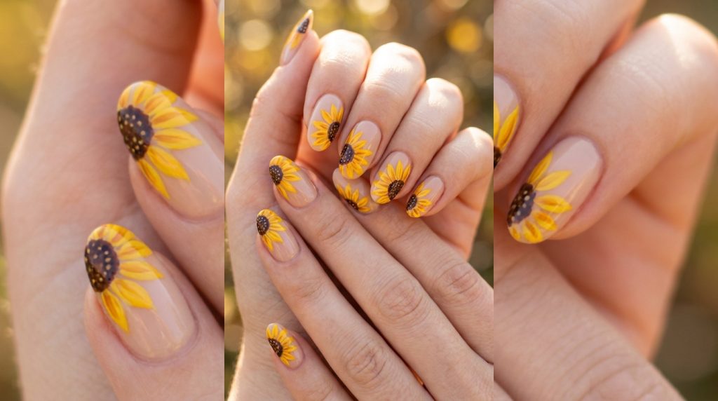 "Macro close-up of two hands with sunflower nail art — bright golden yellow hand-painted sunflower petals on a nude beige base, dark brown centers with fine detail, oval-shaped nails, natural sunlight, soft warm bokeh background, beauty editorial photography, Pinterest vertical format"Copy Prompt