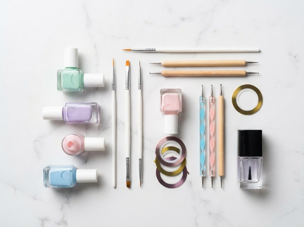 "Flat lay of nail art supplies on a marble surface: nail polishes in pastel shades, thin nail art brushes, dotting tools, striping tape, and a clear top coat β soft natural lighting, beauty editorial style"