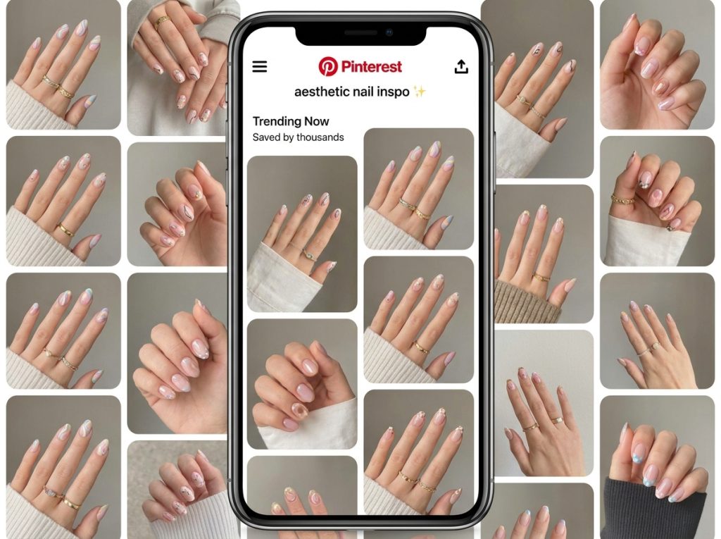 “aesthetic nail designs collage, multiple cute nail styles, Pinterest viral layout”