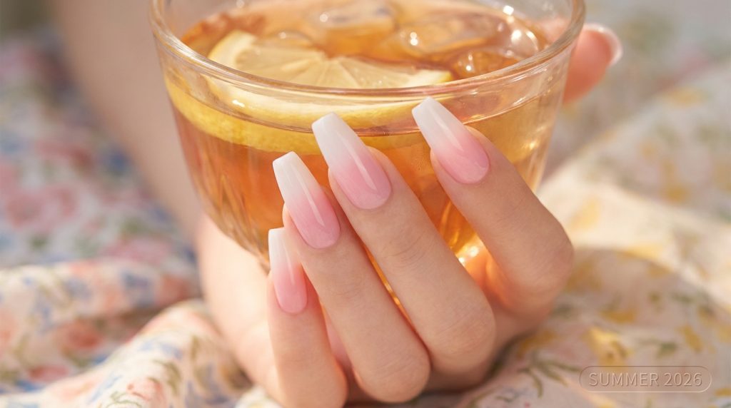 "Pastel pink to white ombre gradient nails, coffin shape, gel finish, dreamy soft aesthetic, close-up nail photography, Pinterest summer 2026"