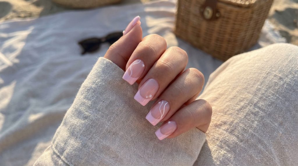 Pastel pink French tip nails, modern twist, baby pink base with soft pink tips, square shape, aesthetic summer background, Pinterest style, natural daylight"