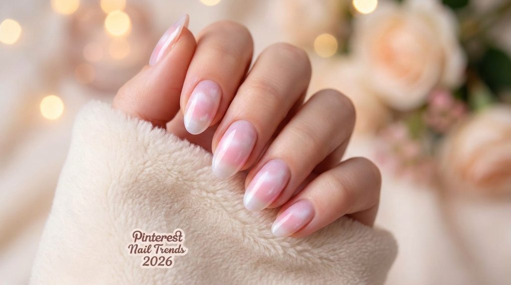 Pastel pink aura nails, glowing cloud-like effect, sheer ethereal finish, oval shape, dreamy aesthetic, soft bokeh background, Pinterest nail trend 2026"