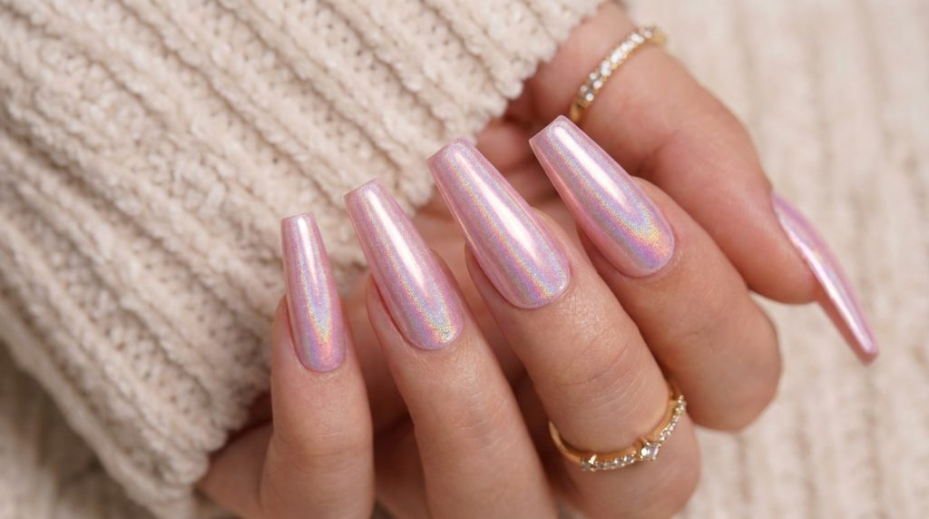 "Pastel pink chrome mirror nails, holographic finish, coffin shape, glowing metallic effect, luxury aesthetic, close-up photography, Pinterest nail goals 2026"