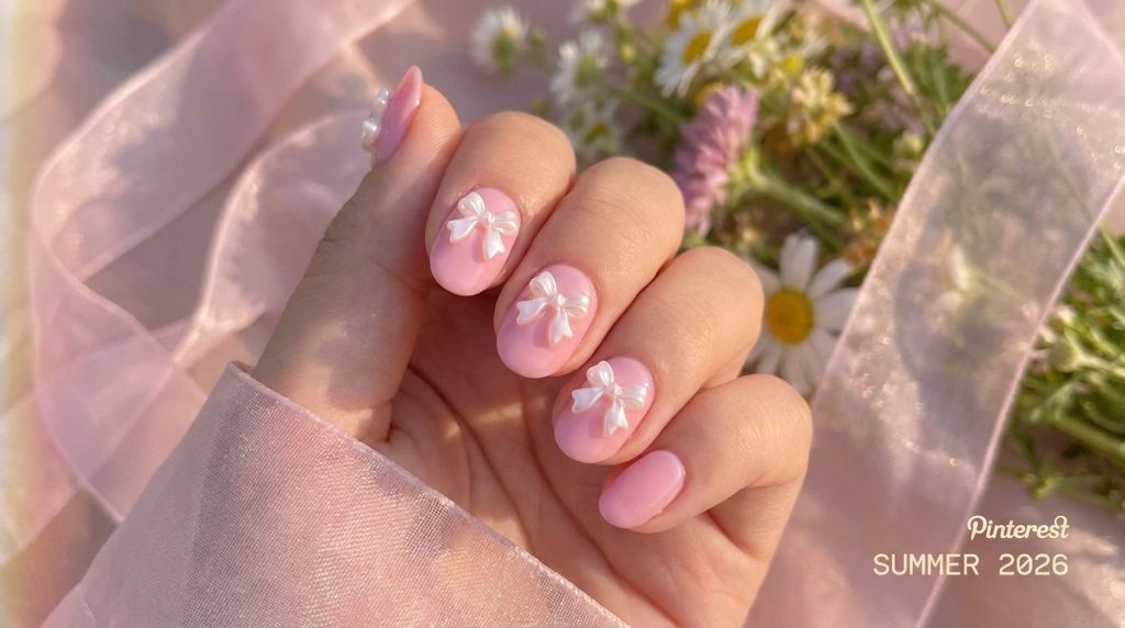"Pastel pink nails with 3D bow nail art, coquette aesthetic, glossy finish, round shape, pink ribbon background, dreamy Pinterest summer 2026, close-up"