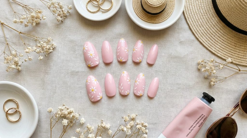 "Pastel pink nails with delicate hand-painted floral nail art, white and yellow flowers, almond shape, glossy gel finish, aesthetic summer flatlay, Pinterest style"