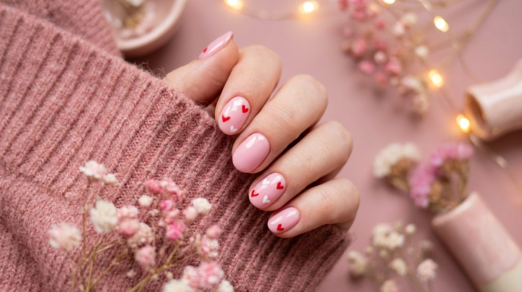 "Cute pastel pink nails with tiny red and white heart nail art, glossy finish, round shape, aesthetic Pinterest flatlay, pink background, soft bokeh lighting"