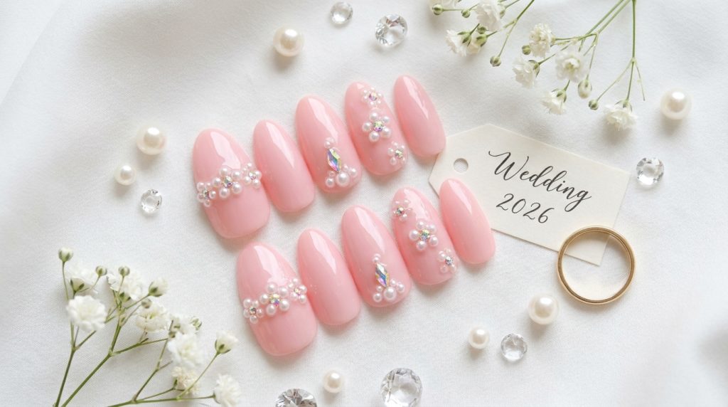 "Pastel pink 3D nails with pearls and crystal gems, glossy gel finish, almond shape, luxury bridal aesthetic, white background flatlay, Pinterest wedding nails 2026"