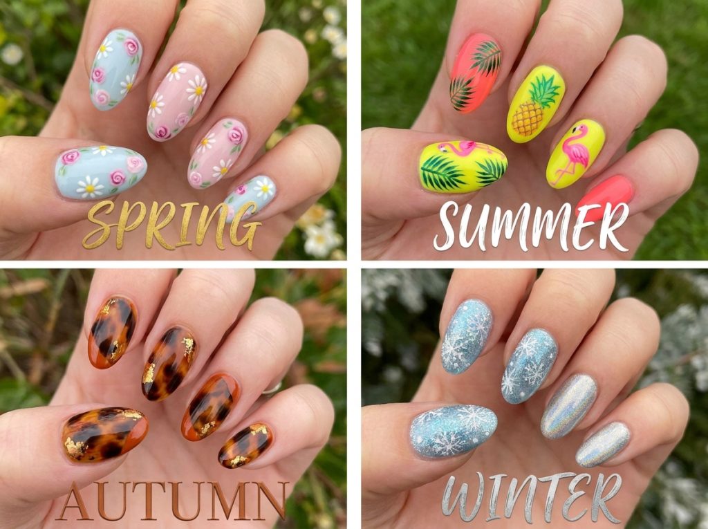 "Four-panel seasonal nail art collage: spring pastel florals, summer neon tropical design, autumn tortoiseshell with burnt orange, winter snowflake glitter β each panel labeled with season name in elegant typography, white dividers between sections"
