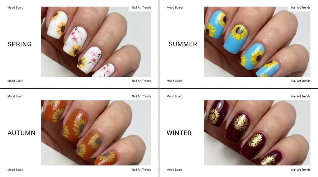 Four-panel seasonal sunflower nail art mood board — spring: sunflower and cherry blossom mix on white, summer: bright yellow sunflower on sky blue, autumn: mustard sunflower on burnt orange, winter: gold sunflower on deep burgundy — each panel labeled, clean white dividers, beauty editorial collage