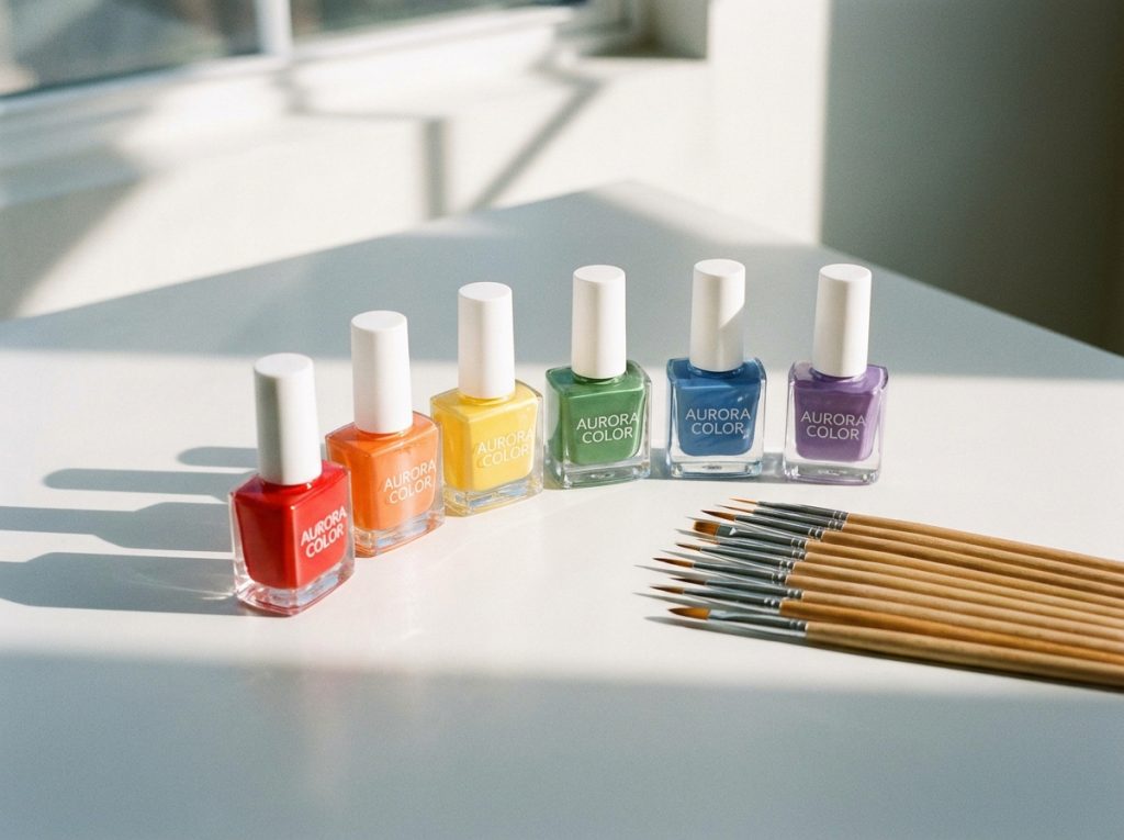 "Aesthetic product shot of six nail polishes in a rainbow of colors arranged in a semicircle on a white surface, small nail art brushes fanned out beside them, soft natural window light, minimalist beauty brand style"