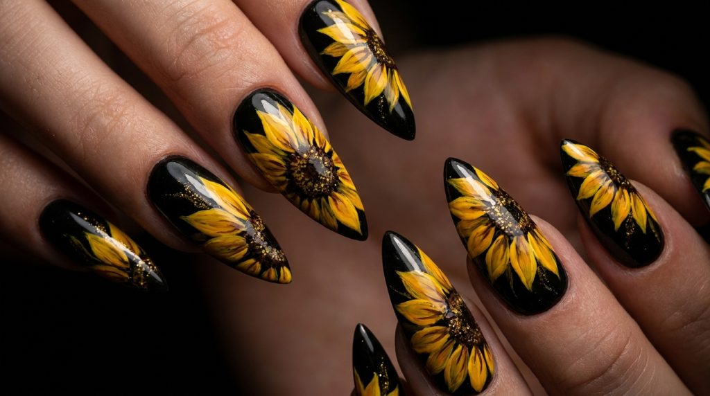 Dramatic sunflower nail art on long stiletto nails — bright golden yellow hand-painted sunflowers on a deep black base, high contrast, ultra detailed petals with dark brown centers, moody studio lighting, beauty editorial macro photography