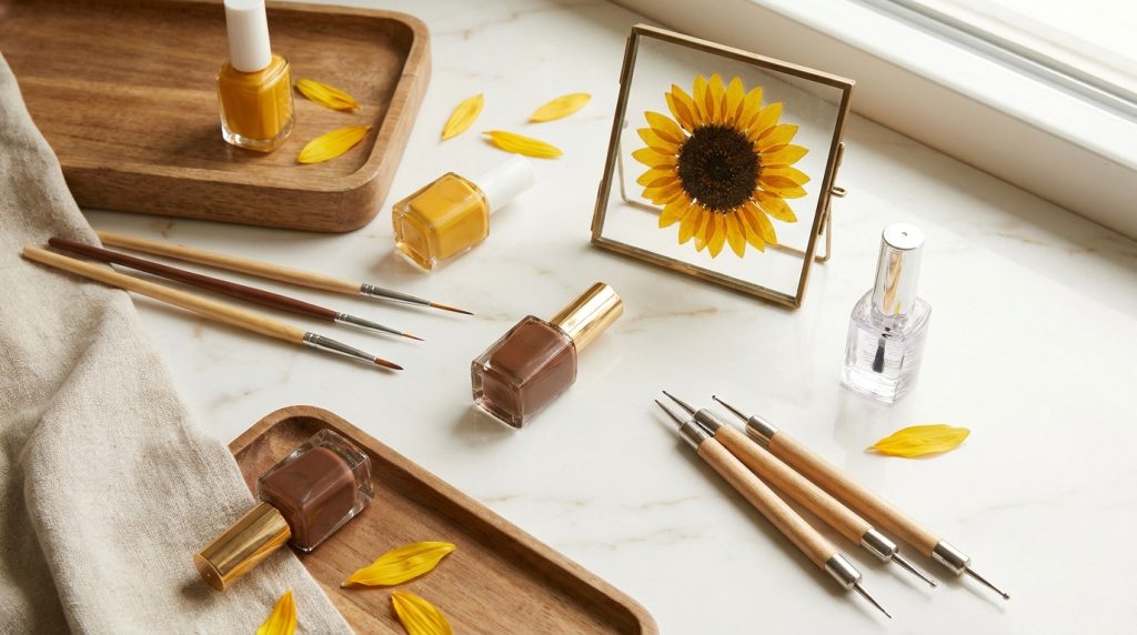 "Beauty flat-lay of sunflower nail art supplies on a warm white marble surface — golden yellow and brown nail polishes, thin nail art brushes, dotting tools, a small sunflower pressed flower, top coat bottle — soft natural window light, editorial lifestyle photography