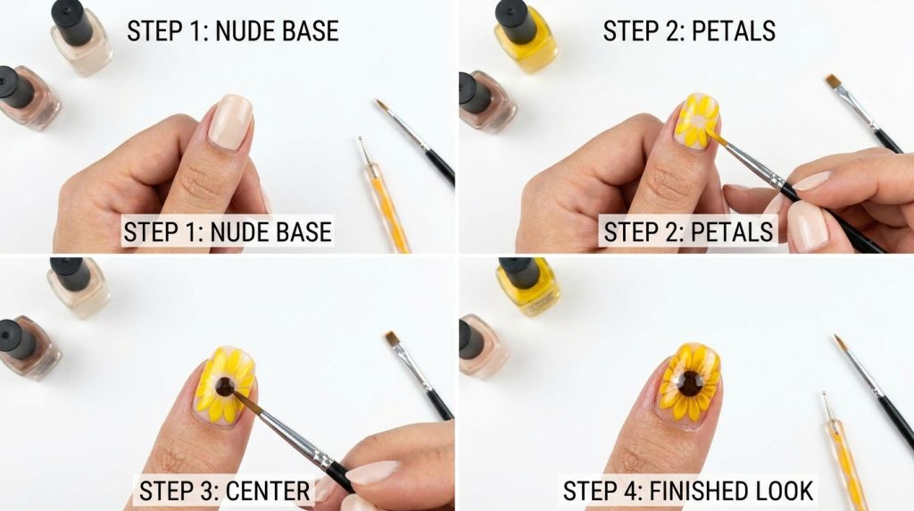 "Step-by-step sunflower nail art tutorial in four panels — panel 1: nude base coat, panel 2: yellow petals being painted, panel 3: dark brown center added, panel 4: finished glossy sunflower nail — clean white background, top-down flat-lay, beauty blog tutorial style"