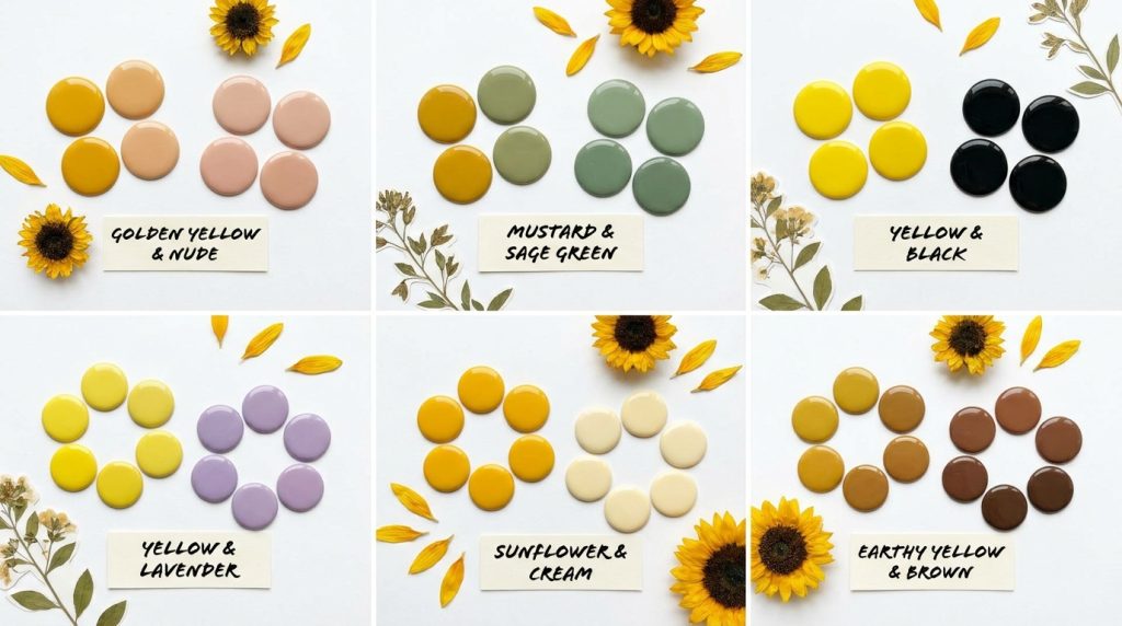 "Pinterest-style flat-lay collage showing 6 sunflower nail color palettes — small swatch circles of each color pairing arranged with labels, golden yellow and nude, mustard and sage green, yellow and black, yellow and lavender — white background, clean graphic design aesthetic"