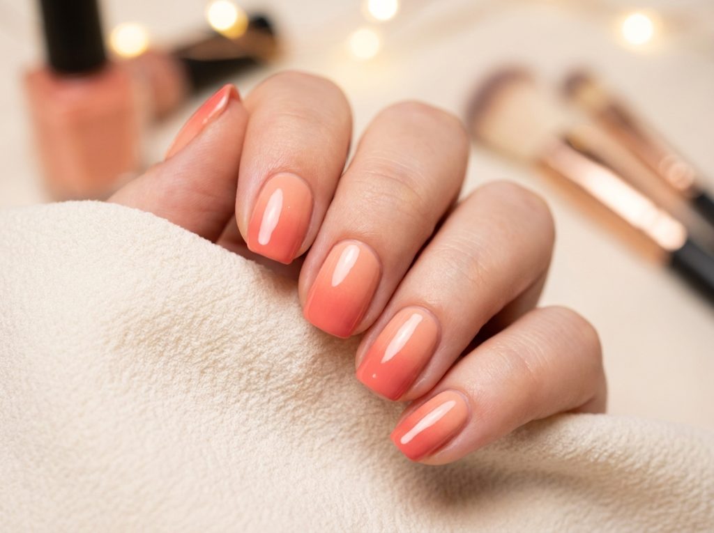 "Macro photo of a woman's hand with peach-to-coral ombre nail art, soft gradient blending across all 5 nails, glossy finish, neutral background with soft bokeh β beauty product photography style"