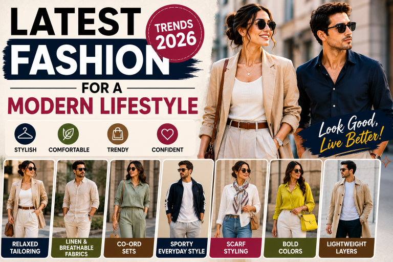 Discover the latest fashion trends for a modern lifestyle, including relaxed tailoring, linen outfits, sporty style, scarf styling, co-ord sets, bold colors, and everyday outfit ideas.